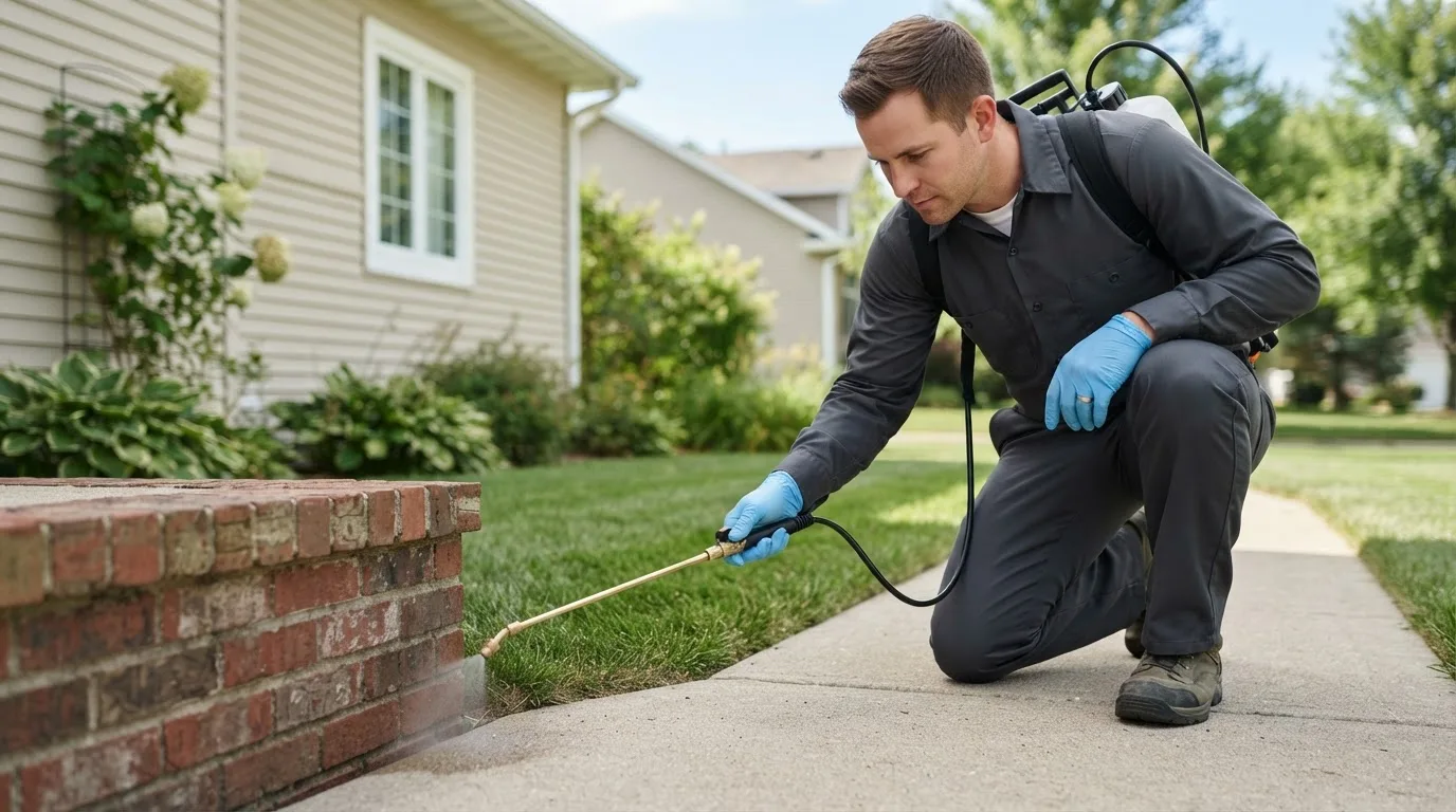 Pest control technician treating a home near Amelia, OH