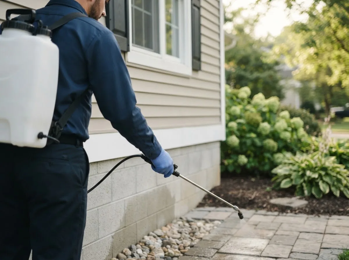 Pest control technician inspecting a home in Amelia, OH